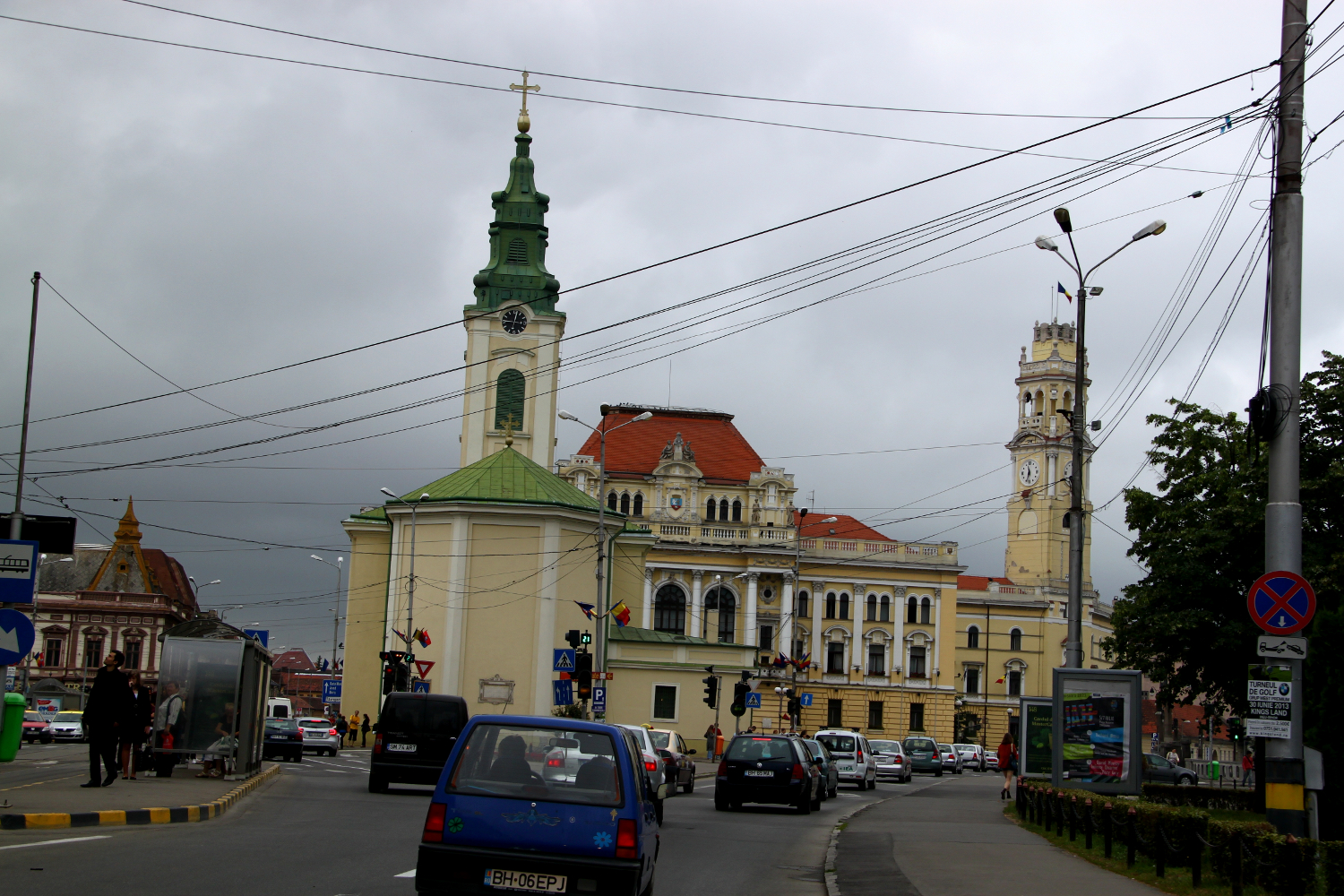 Church in Oradea and a sky with many cables